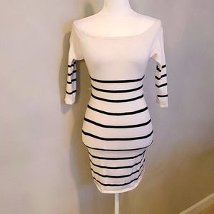 Bebe black and white striped bodycon dress